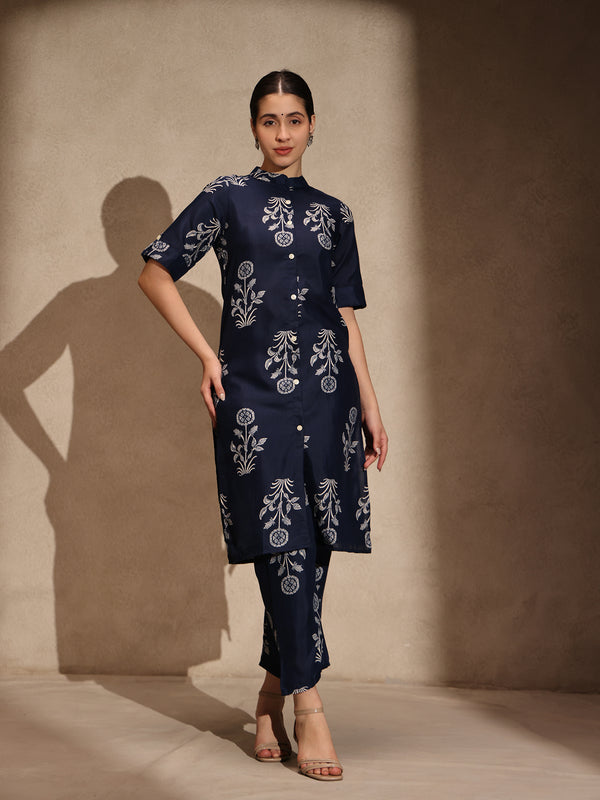 Blue Floral Cotton Blend Collar Neck A-Line Kurti Set Dress