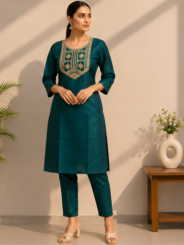 Peacock Green Silk Blend Kurti With Pant
