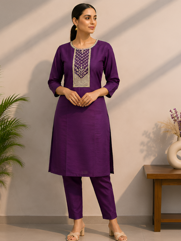 Deep Purple Silk Blend Kurti With Pant