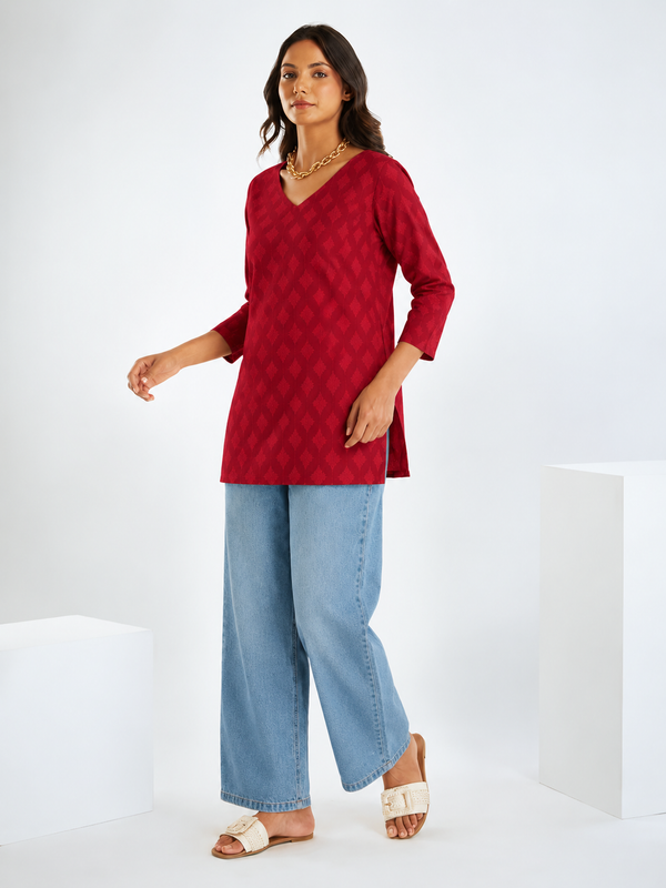 Red Pure Cotton Short Straight Kurti