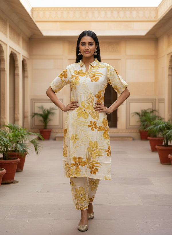 Yellow Vertican Co-ord Set with Printed Straight Kurti