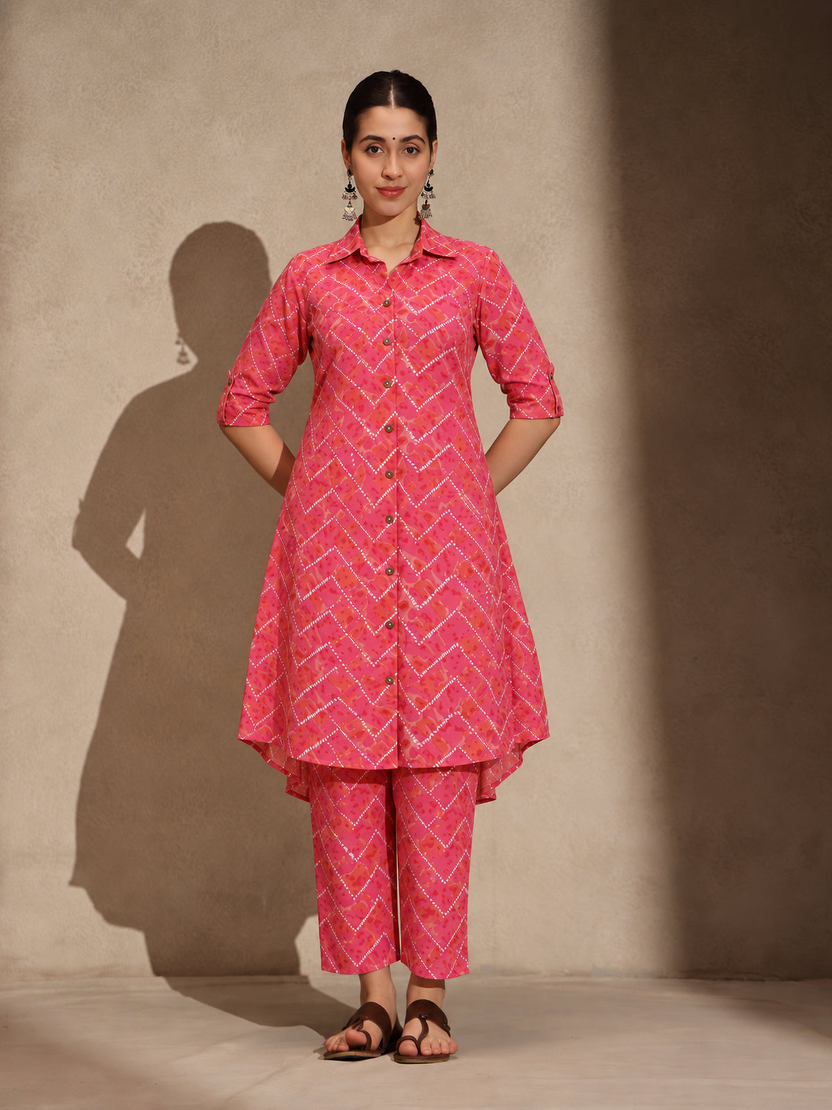 Pink Floral Cotton Collar Neck A-Line Kurti Set Dress
