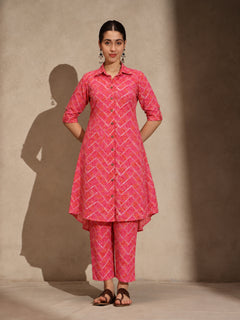 Pink Floral Cotton Collar Neck A-Line Kurti Set Dress