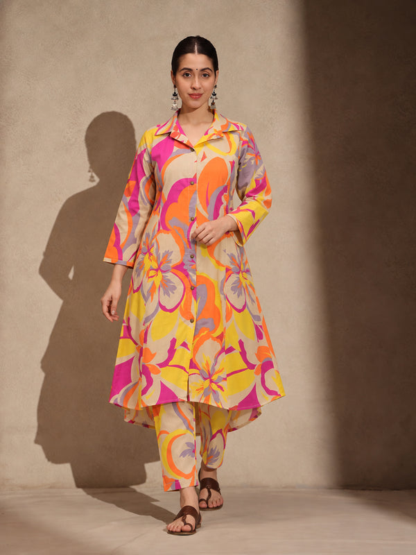 Yellow Geometric A-Line Kurti Pant Set Dress