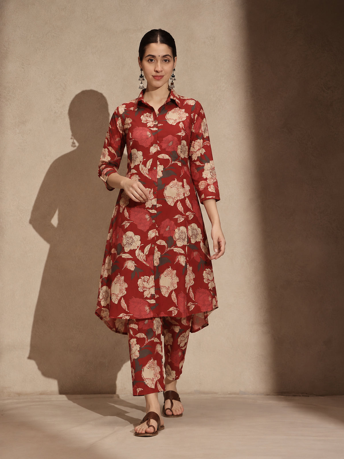 Red Floral Cotton Collar Neck A-Line Kurti Set Dress