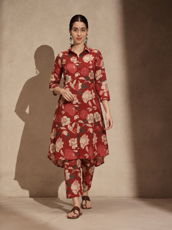 Red Floral Cotton Collar Neck A-Line Kurti Set Dress