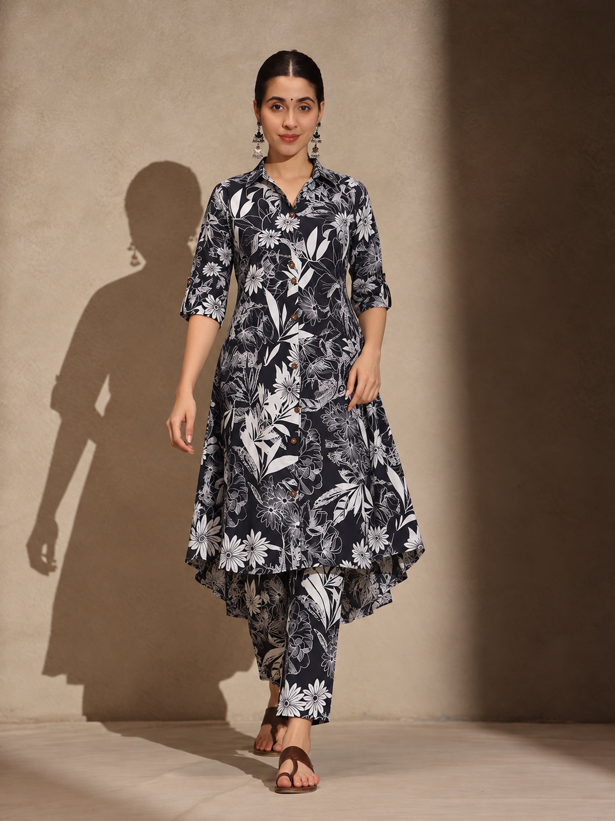 Black Floral Cotton Blend Collar Neck A-Line Kurti Set Dress
