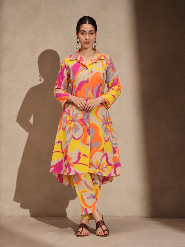 Yellow Geometric A-Line Kurti Pant Set Dress
