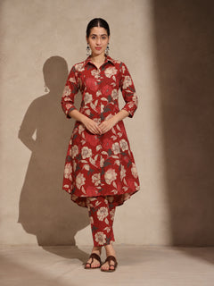 Red Floral Cotton Collar Neck A-Line Kurti Set Dress