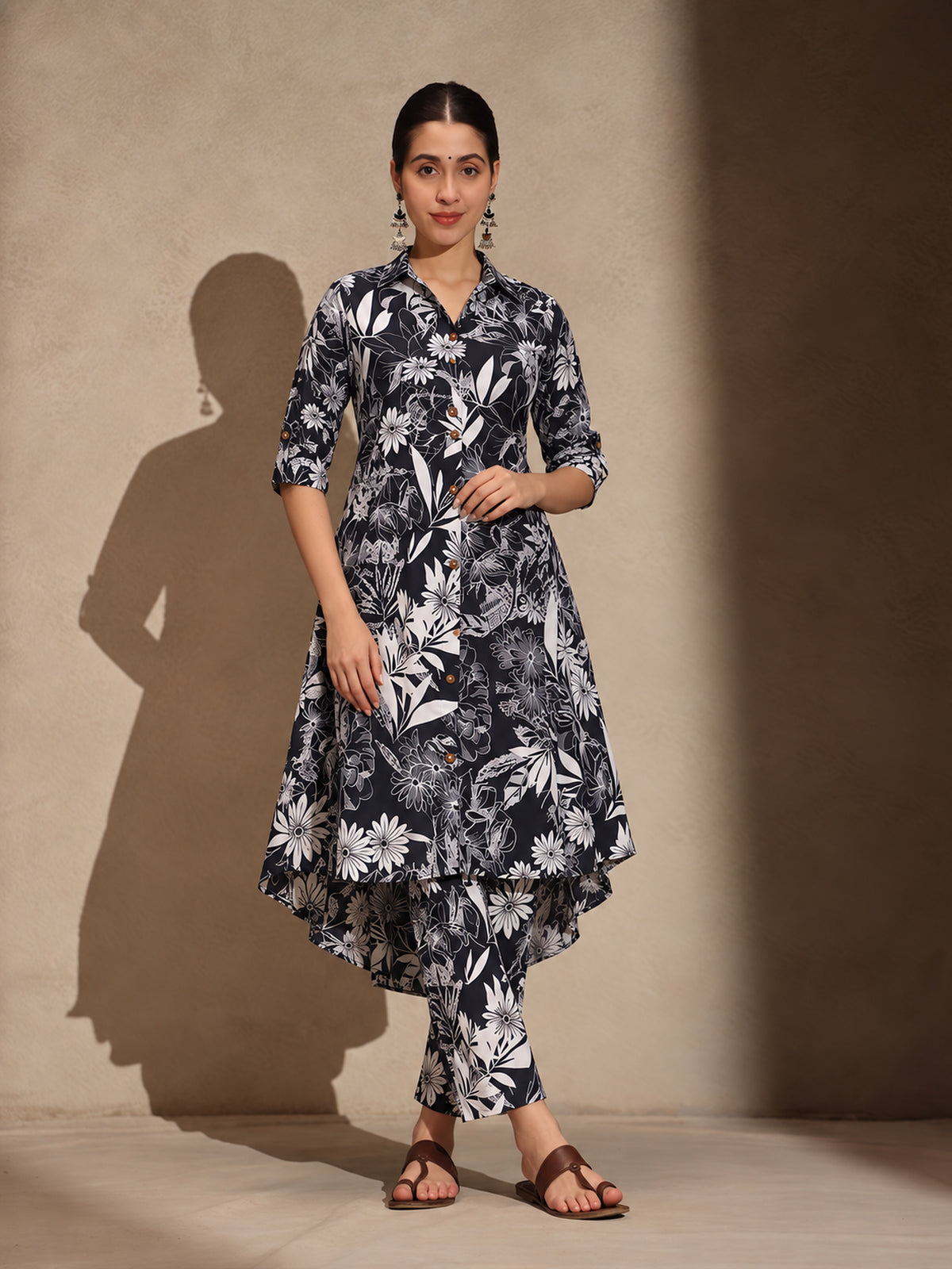Black Floral Cotton Blend Collar Neck A-Line Kurti Set Dress