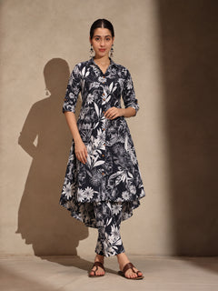 Black Floral Cotton Blend Collar Neck A-Line Kurti Set Dress