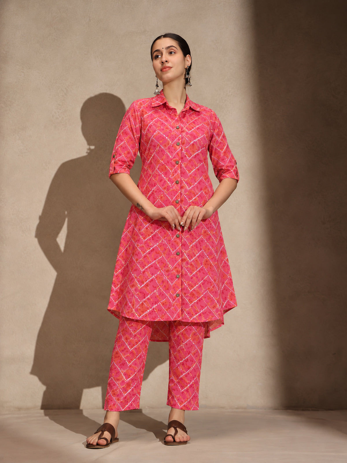 Pink Floral Cotton Collar Neck A-Line Kurti Set Dress