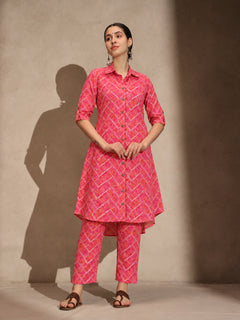Pink Floral Cotton Collar Neck A-Line Kurti Set Dress