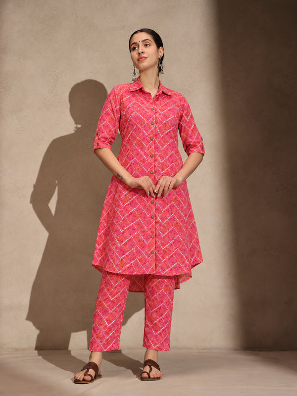 Pink Floral Cotton Collar Neck A-Line Kurti Set Dress