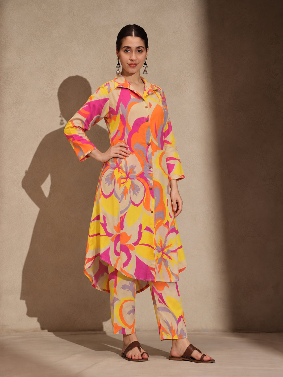 Yellow Geometric A-Line Kurti Pant Set Dress