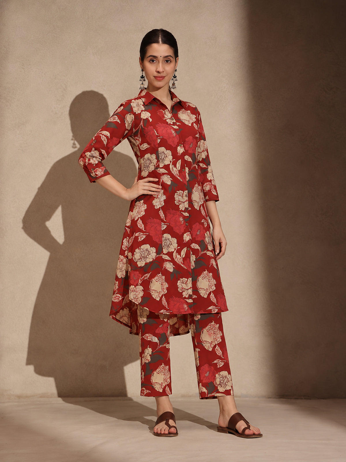 Red Floral Cotton Collar Neck A-Line Kurti Set Dress