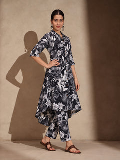 Black Floral Cotton Blend Collar Neck A-Line Kurti Set Dress