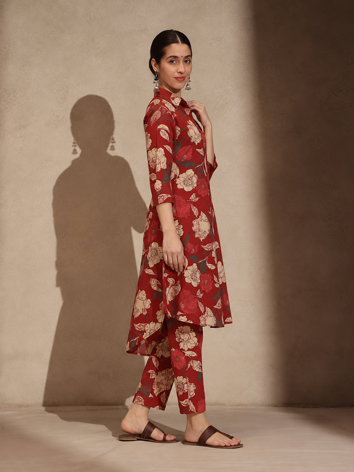 Red Floral Cotton Collar Neck A-Line Kurti Set Dress