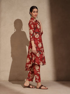 Red Floral Cotton Collar Neck A-Line Kurti Set Dress