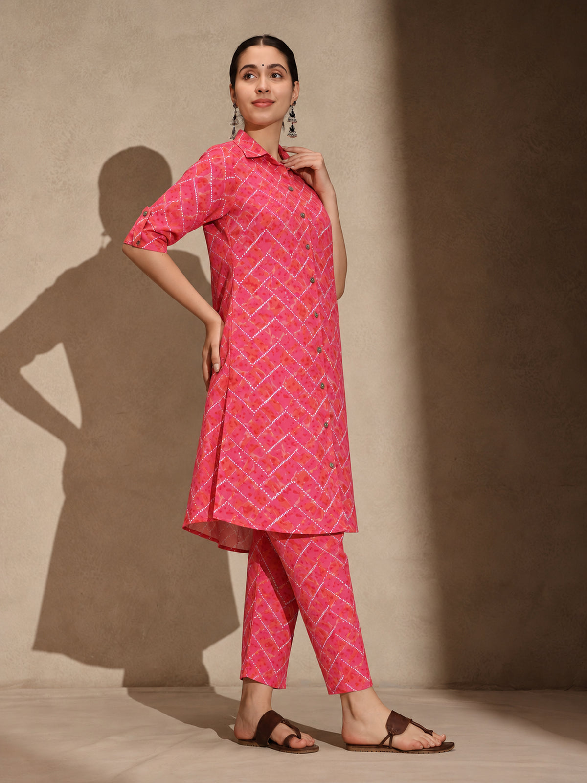 Pink Floral Cotton Collar Neck A-Line Kurti Set Dress