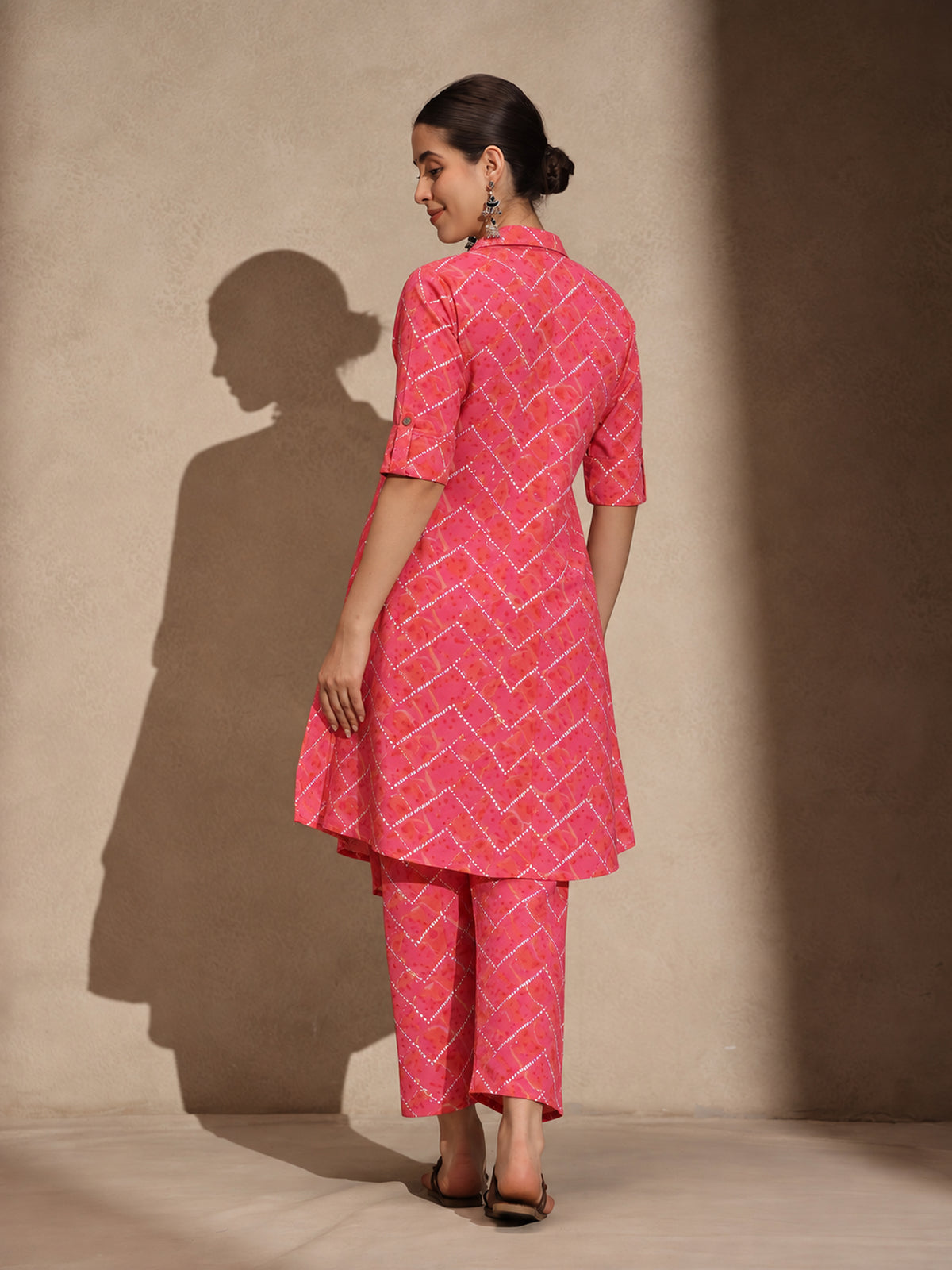 Pink Floral Cotton Collar Neck A-Line Kurti Set Dress