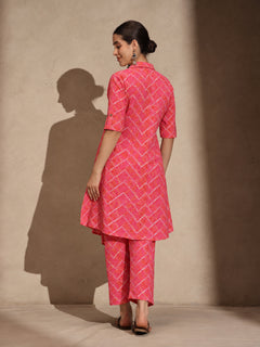 Pink Floral Cotton Collar Neck A-Line Kurti Set Dress