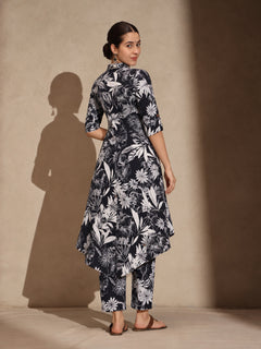 Black Floral Cotton Blend Collar Neck A-Line Kurti Set Dress