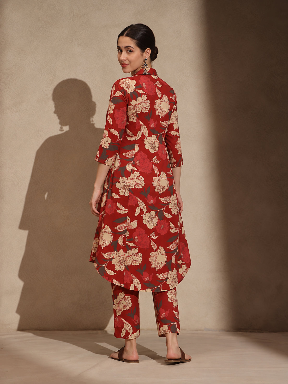 Red Floral Cotton Collar Neck A-Line Kurti Set Dress
