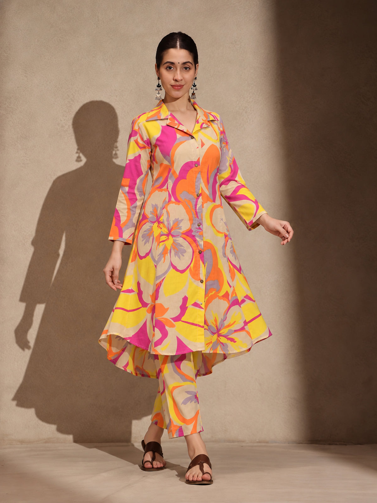 Yellow Geometric A-Line Kurti Pant Set Dress