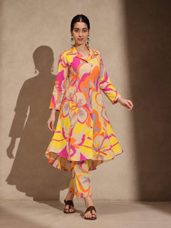 Yellow Geometric A-Line Kurti Pant Set Dress