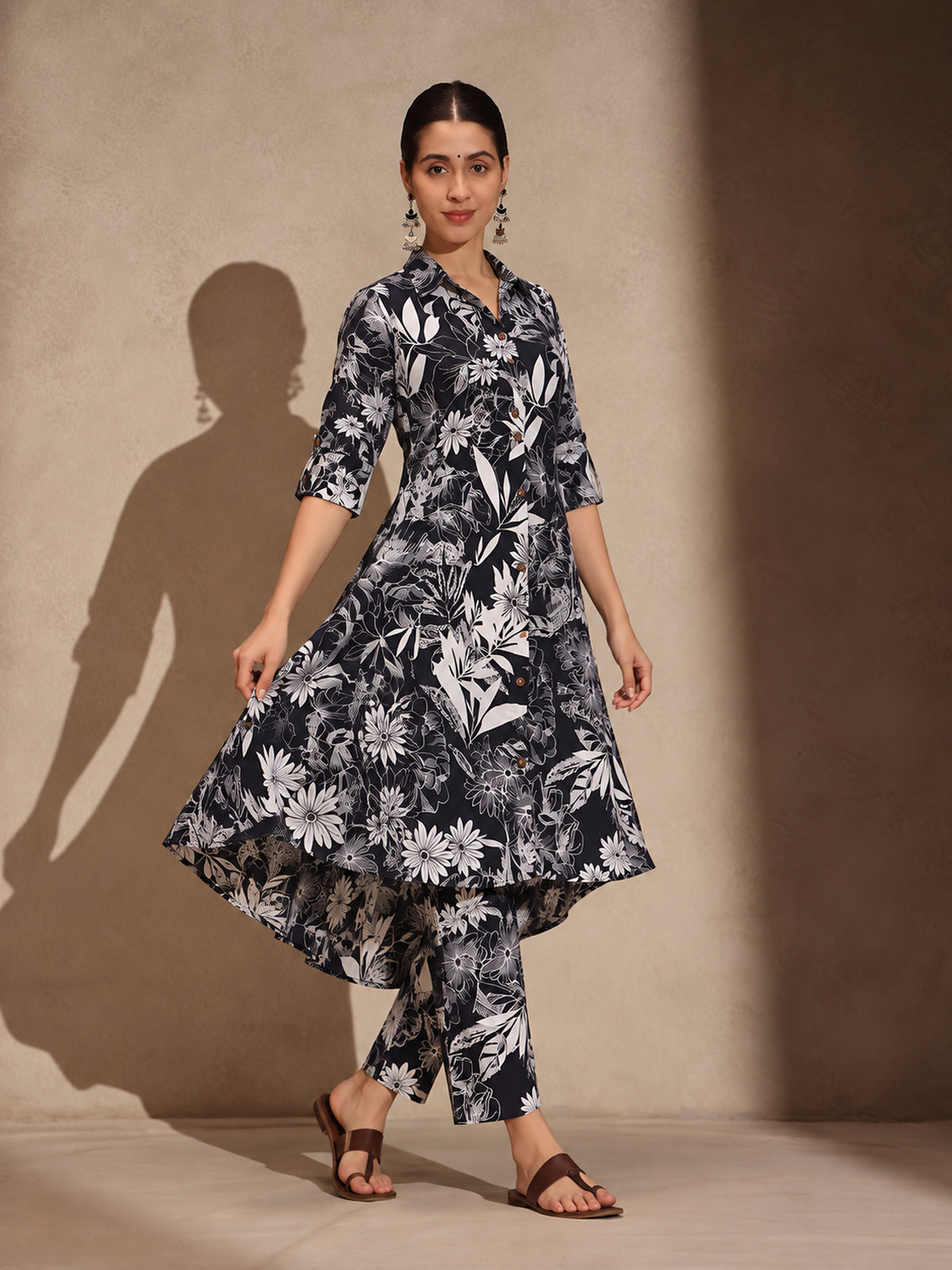 Black Floral Cotton Blend Collar Neck A-Line Kurti Set Dress