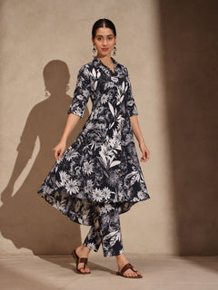 Black Floral Cotton Blend Collar Neck A-Line Kurti Set Dress
