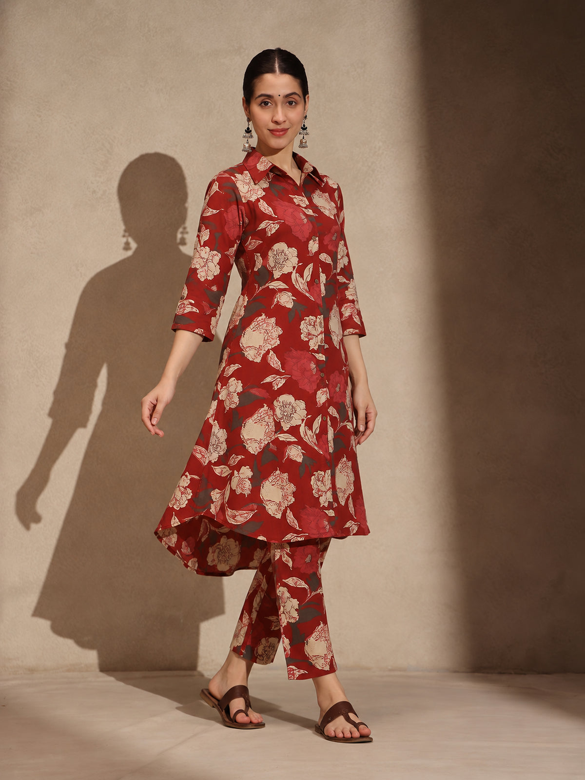 Red Floral Cotton Collar Neck A-Line Kurti Set Dress