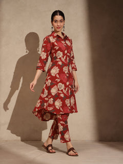 Red Floral Cotton Collar Neck A-Line Kurti Set Dress