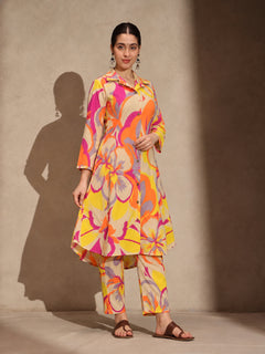 Yellow Geometric A-Line Kurti Pant Set Dress