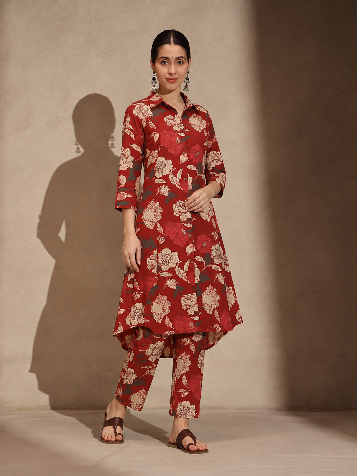 Red Floral Cotton Collar Neck A-Line Kurti Set Dress