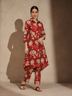Red Floral Cotton Collar Neck A-Line Kurti Set Dress