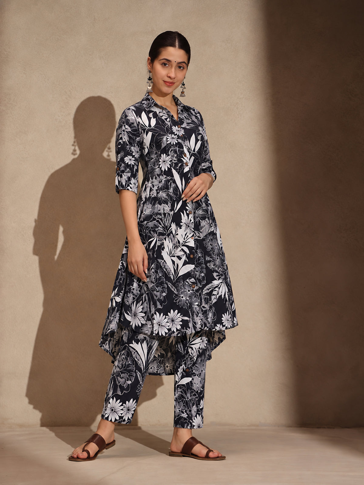 Black Floral Cotton Blend Collar Neck A-Line Kurti Set Dress
