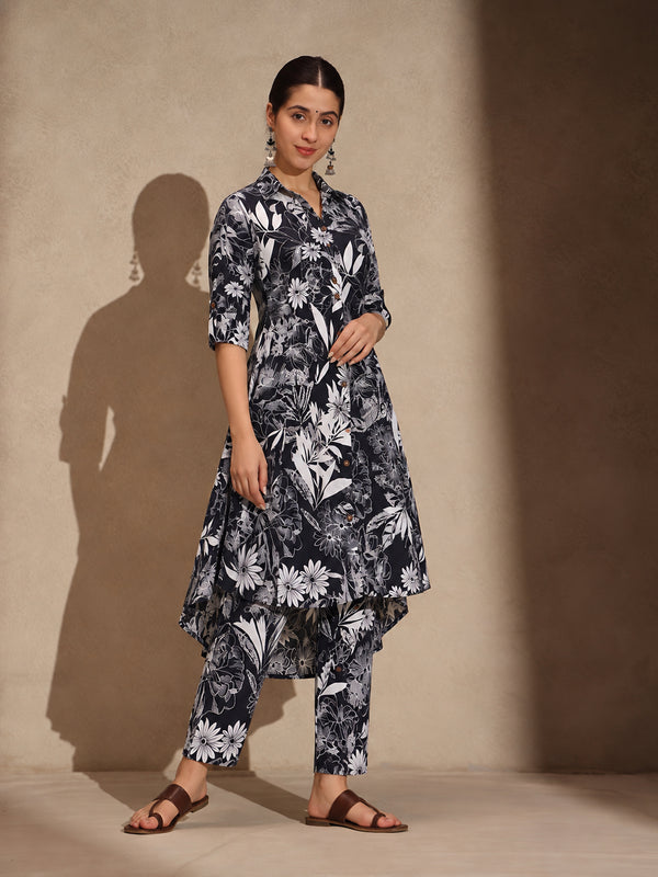 Black Floral Cotton Blend Collar Neck A-Line Kurti Set Dress