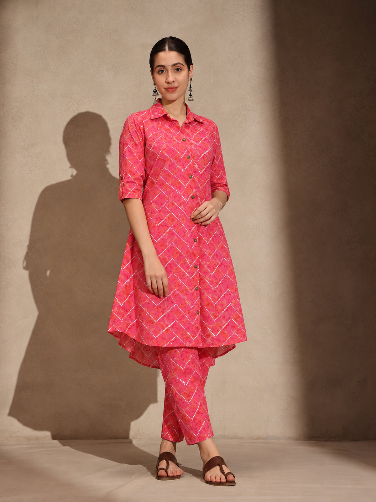 Pink Floral Cotton Collar Neck A-Line Kurti Set Dress