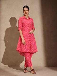 Pink Floral Cotton Collar Neck A-Line Kurti Set Dress
