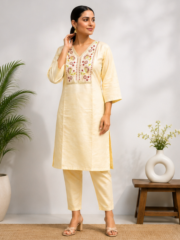 Cream Silk Blend Embroidered Kurti & Pant