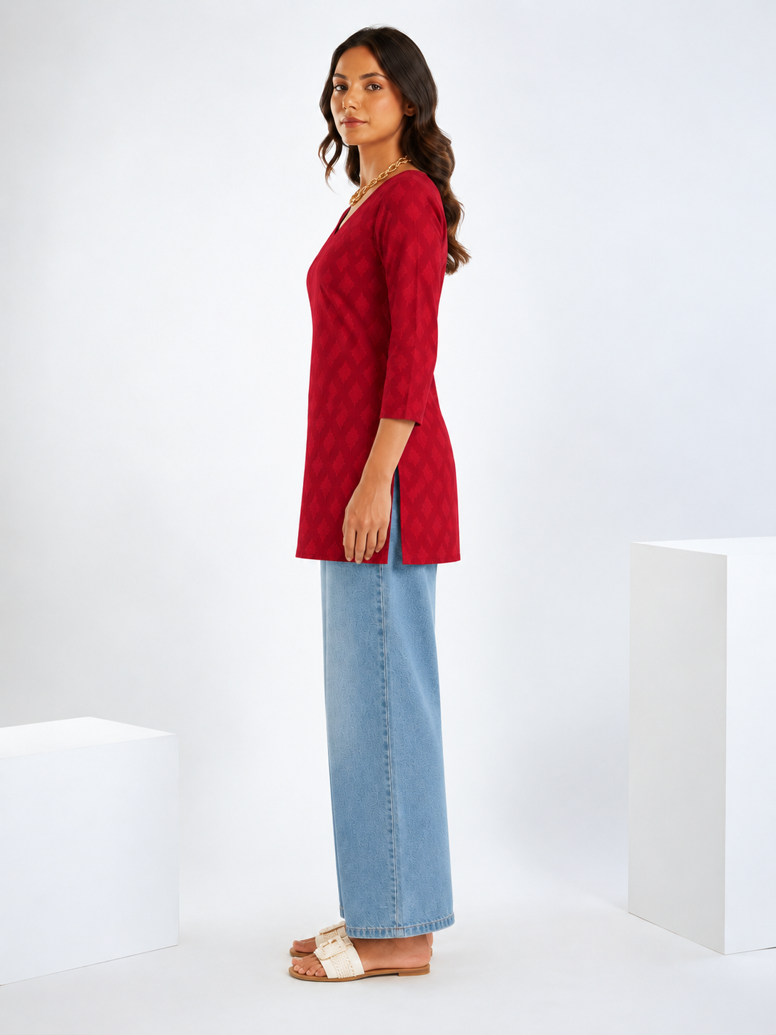 Red Pure Cotton Short Straight Kurti