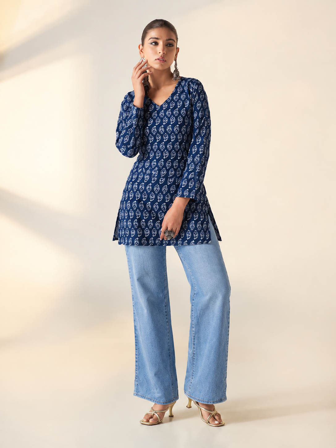 Navy Blue Cotton Short Straight Kurti