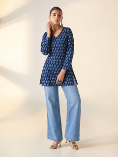 Navy Blue Cotton Short Straight Kurti