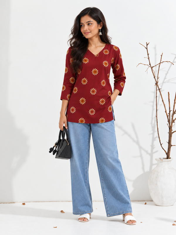 Red Floral Pure Cotton Short Straight Kurti