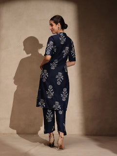 Blue Floral Cotton Blend Collar Neck A-Line Kurti Set Dress