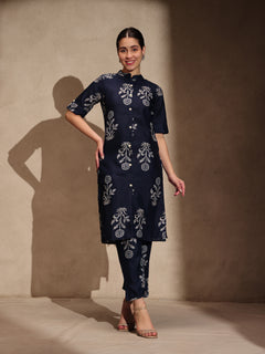 Blue Floral Cotton Blend Collar Neck A-Line Kurti Set Dress