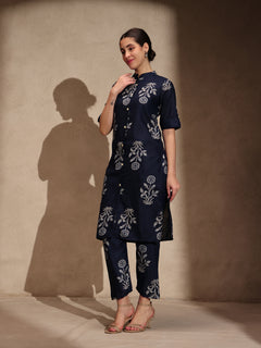 Blue Floral Cotton Blend Collar Neck A-Line Kurti Set Dress