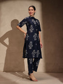 Blue Floral Cotton Blend Collar Neck A-Line Kurti Set Dress